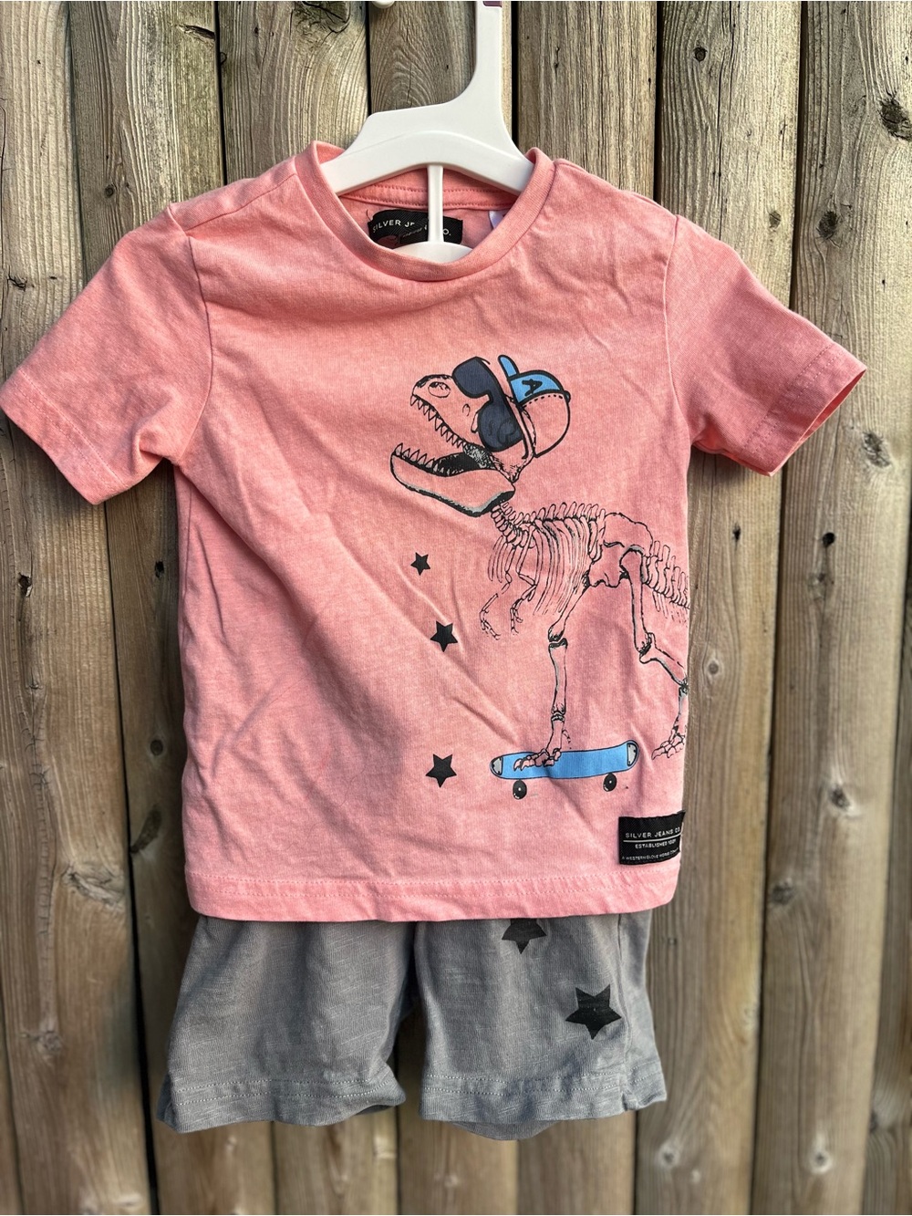 Silver Jeans Kids Salmon Pink Dino Skate Tee with Blue Accents